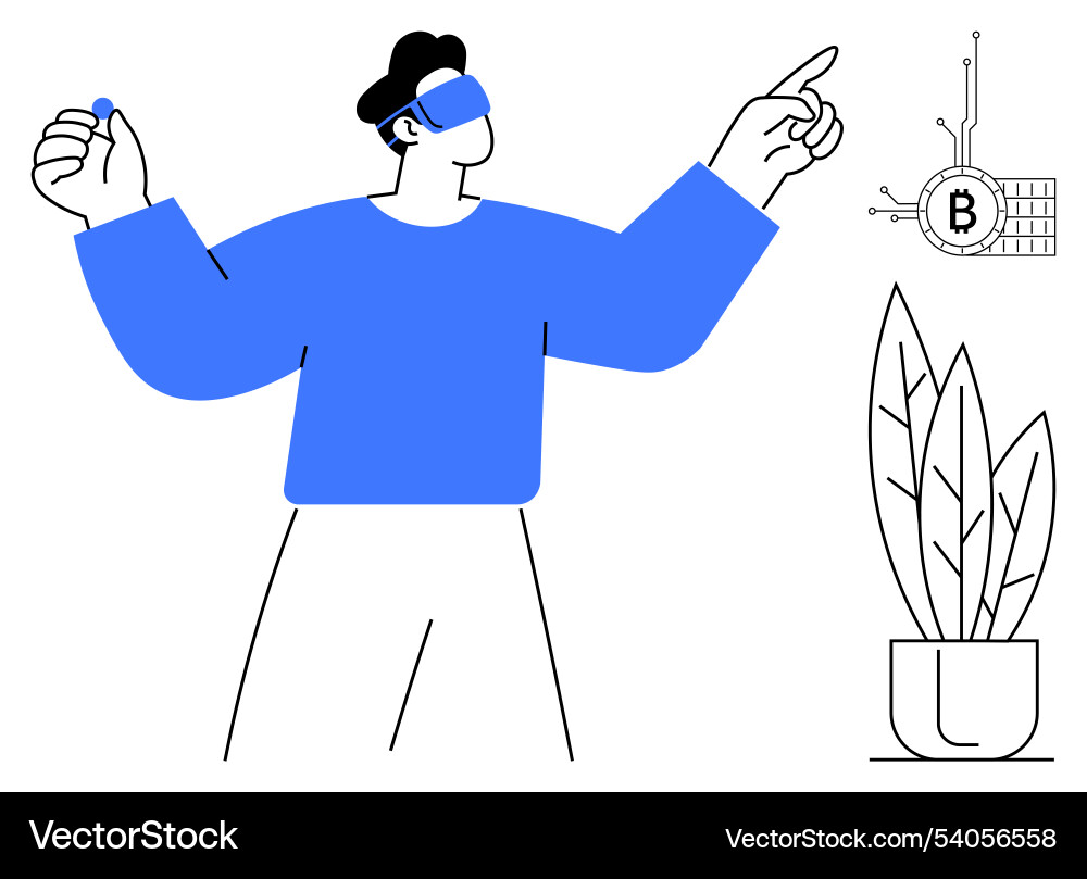 Man wearing vr headset exploring virtual bitcoin Man wearing vr headset exploring virtual bitcoin vector image