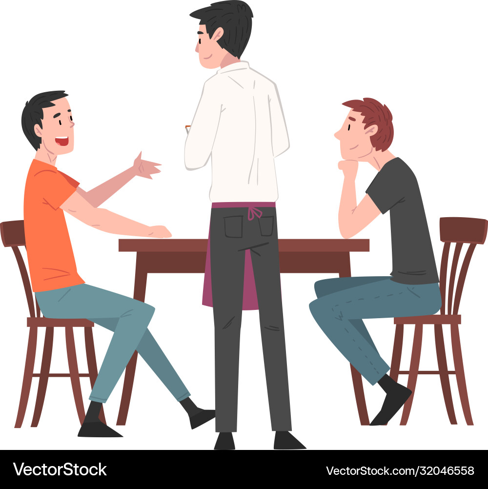 Zwei Jungs sitzen am Tisch im Café und Kellner Zwei Jungs sitzen am Tisch im Café und Kellner vektorbild