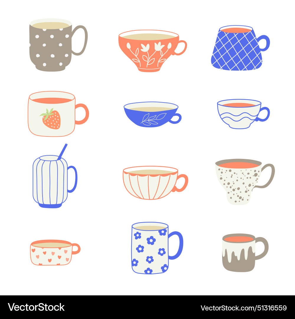 Modern hand drawn tea cups set Royalty Free Vector Image