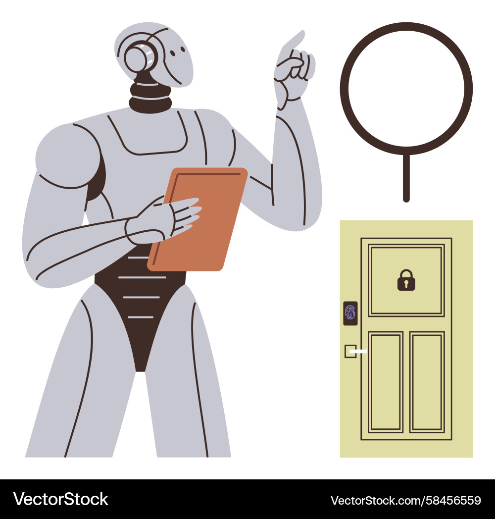 Robot Analyzing Data with Secure Lock Vector Image