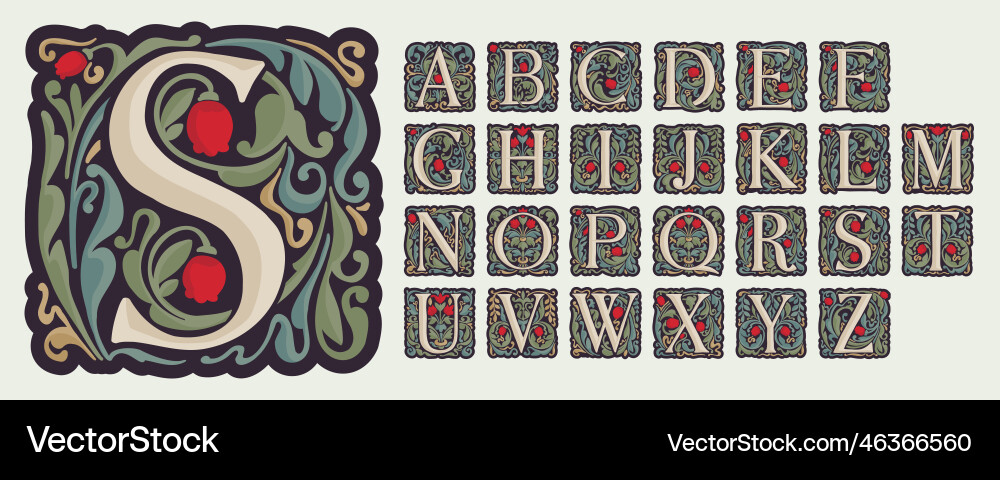 Illuminated initial alphabet with curve leaf Illuminated initial alphabet with curve leaf vector image