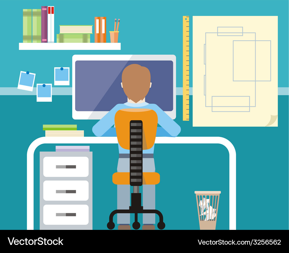 Man Working at Computer Desk Vector Image