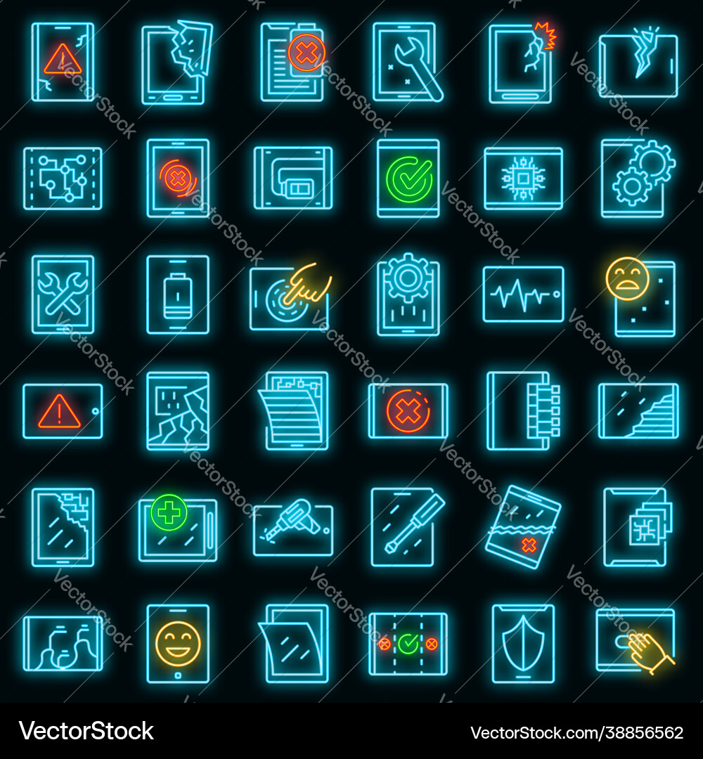 Tablet-Reparatur-Symbole setzen Neon Tablet-Reparatur-Symbole setzen Neon vektorbild