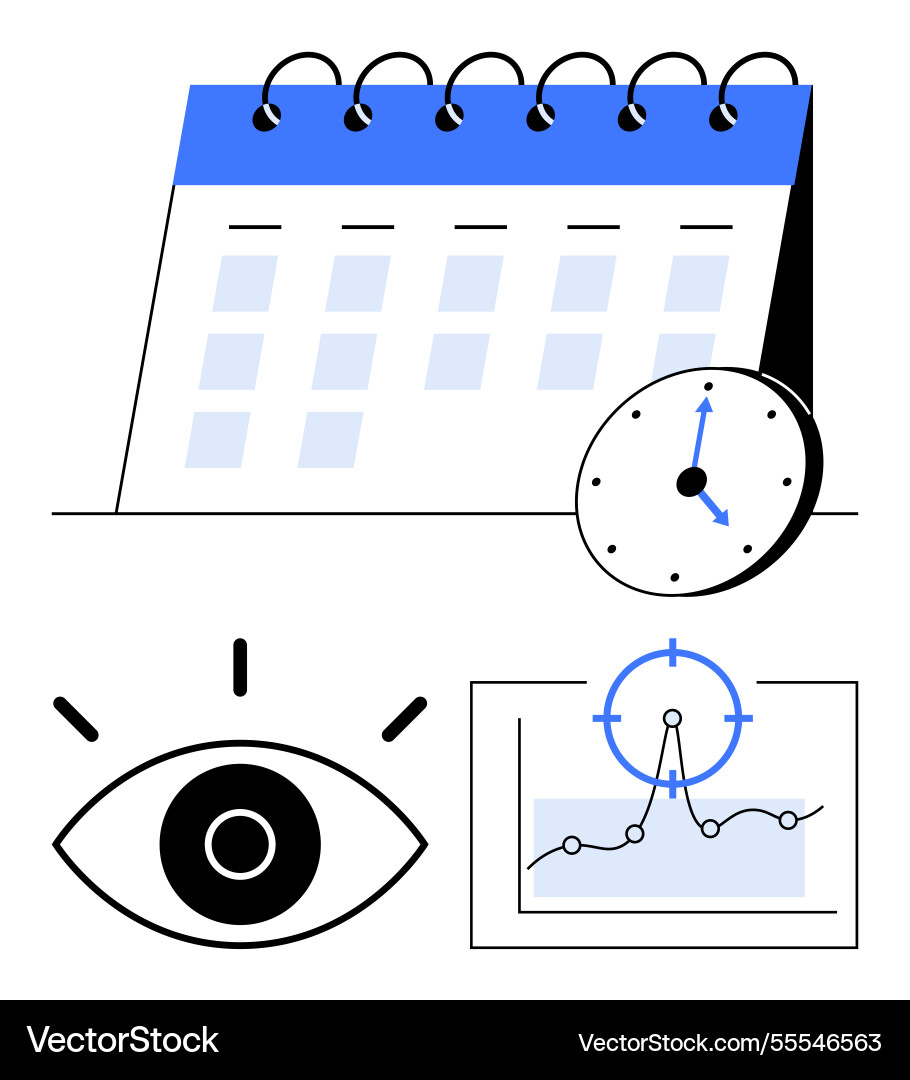 Calendar with clock analytics dashboard and eye Calendar with clock analytics dashboard and eye vector image