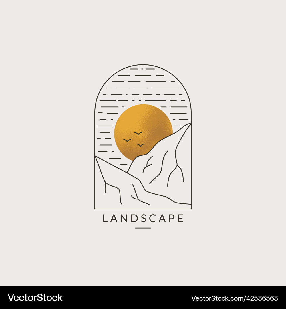 Landschaft Logo trendy Linie Emblem mit Sonne Landschaft Logo trendy Linie Emblem mit Sonne vektorbild
