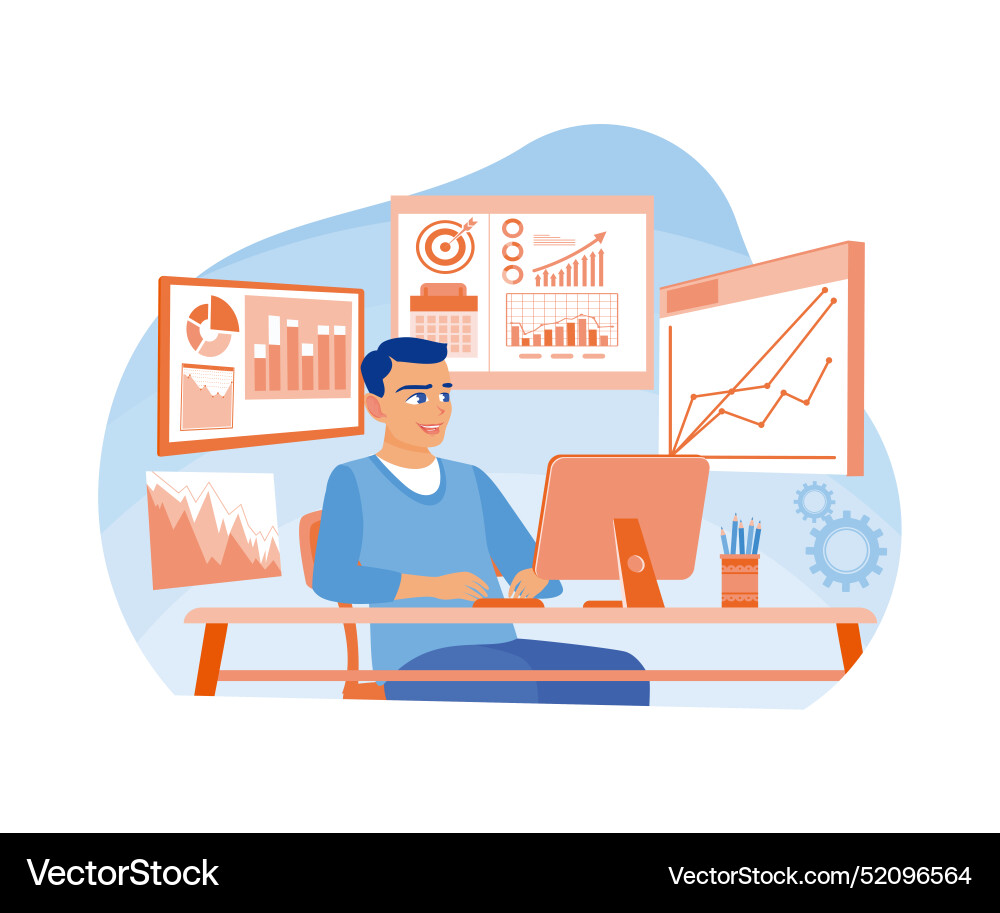 Man working at the computer studying infographic Man working at the computer studying infographic vector image