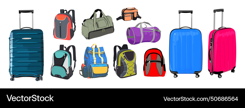 Set of different travel baggage objects Set of different travel baggage objects vector image