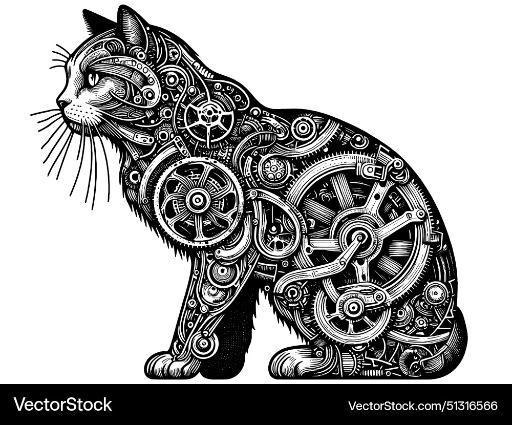 Machine cat whose internal structure consists Machine cat whose internal structure consists vector image