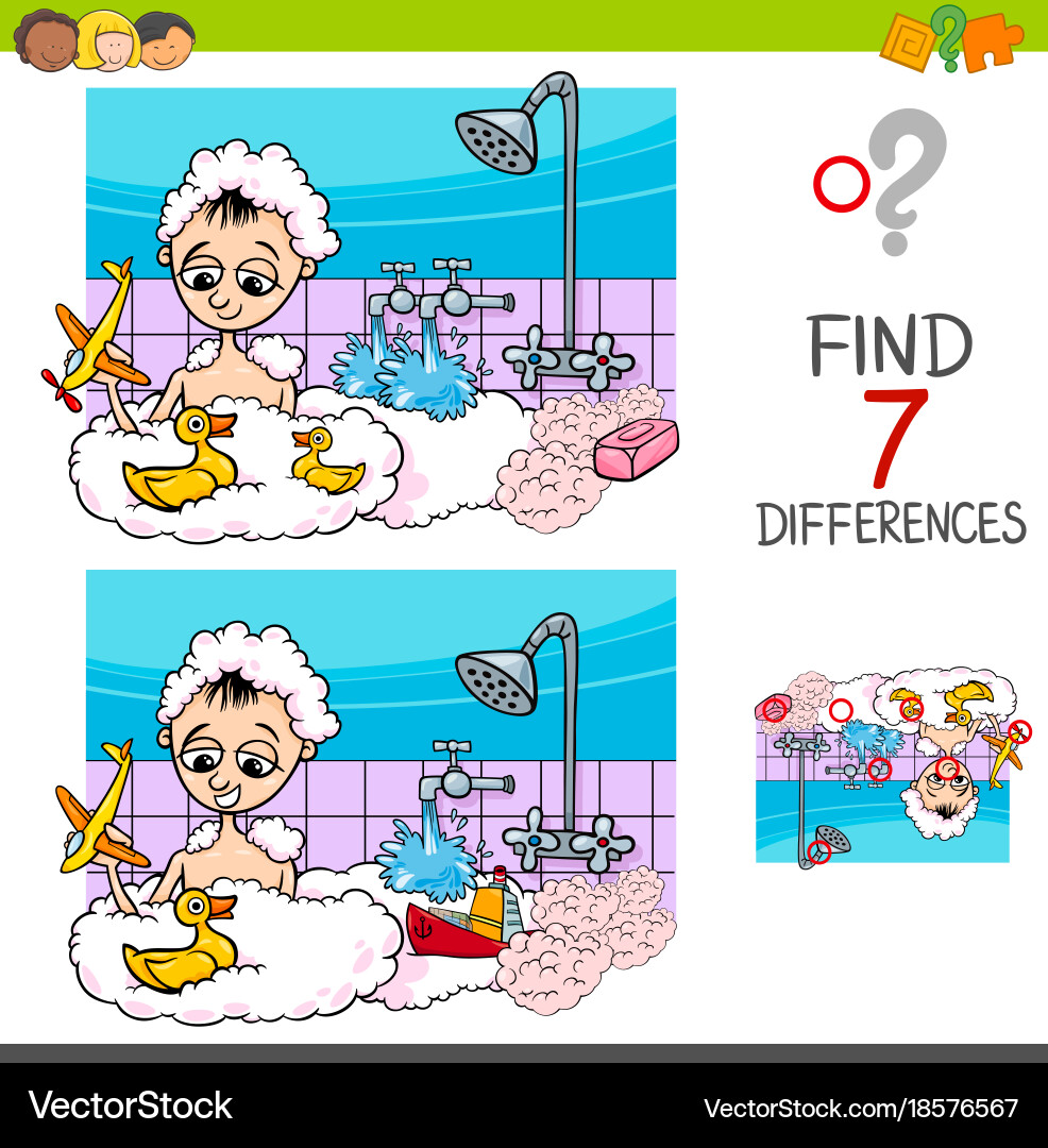 Differences game with boy playing in bath vector image