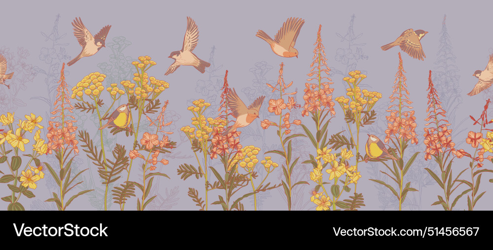 Seamless pattern with flowers and birds Royalty Free Vector