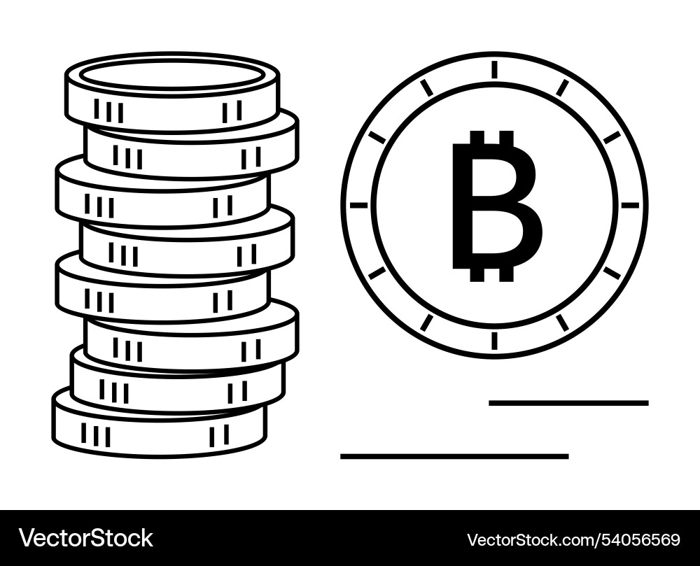 Bitcoin stack of coins next to single vector image
