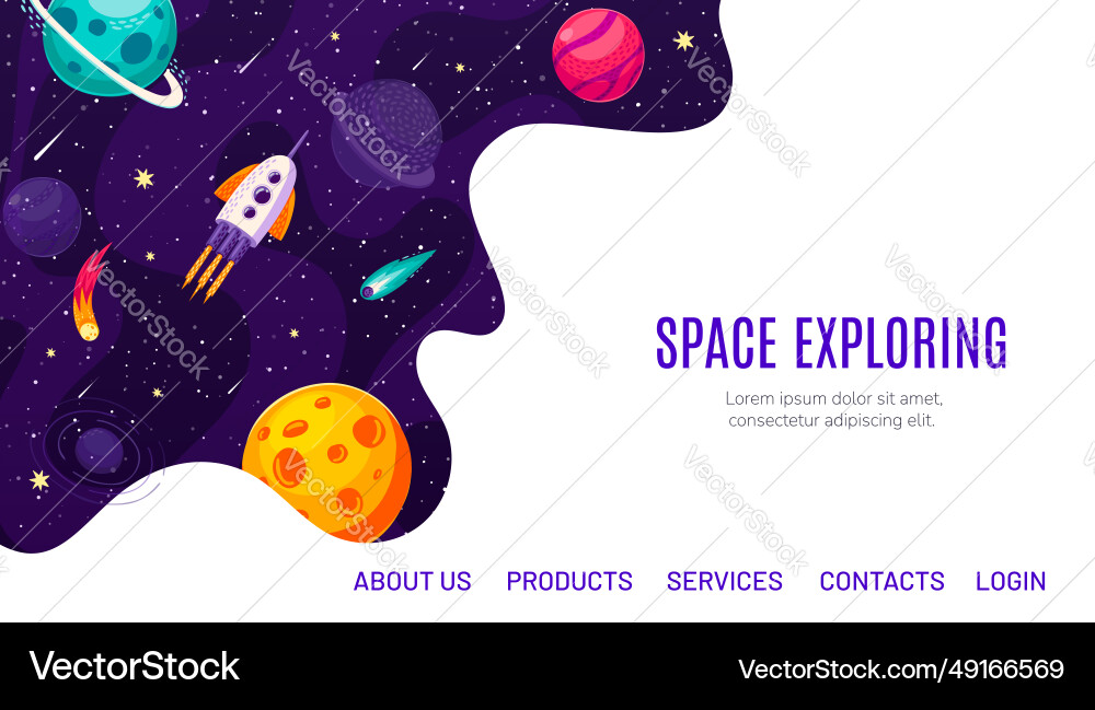 Galaxy space exploring landing page with rocket Galaxy space exploring landing page with rocket vector image