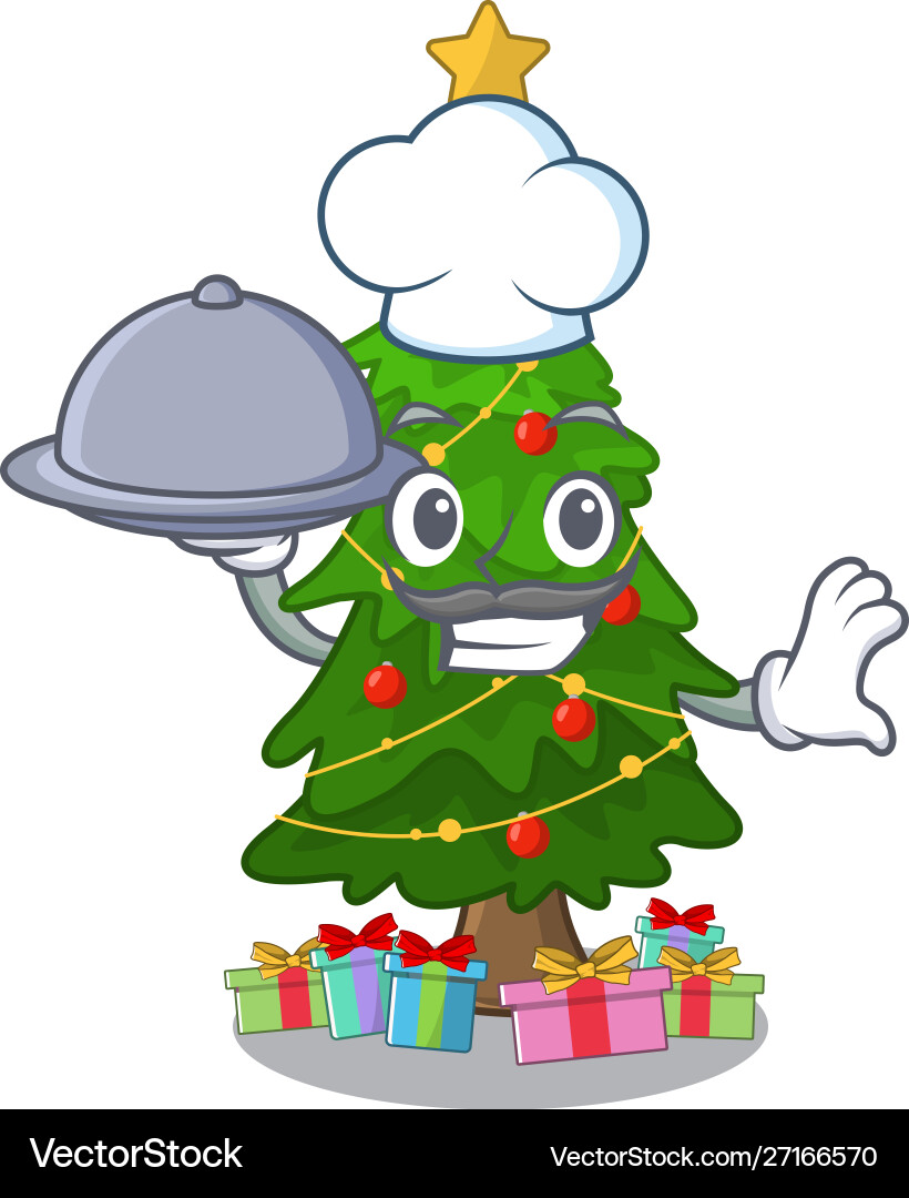 Küchenchef mit Essen Weihnachtsbaum neben Cartoon Küchenchef mit Essen Weihnachtsbaum neben Cartoon vektorbild