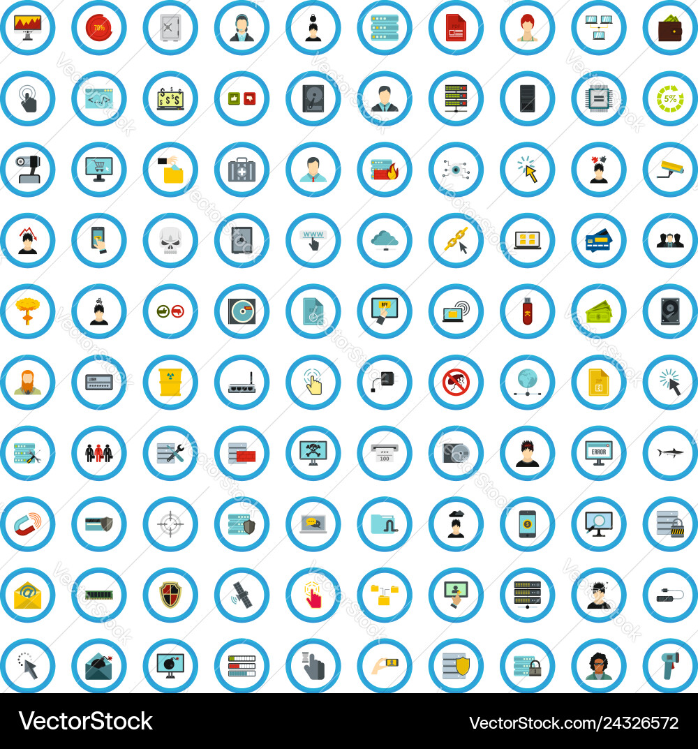 100 hacking icons set flat style 100 hacking icons set flat style vector image