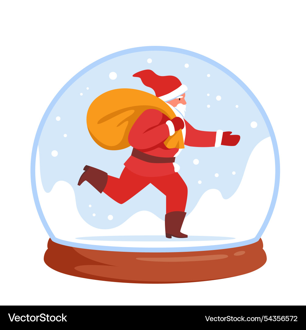 Christmas snow globe with santa claus running Christmas snow globe with santa claus running Vector Image