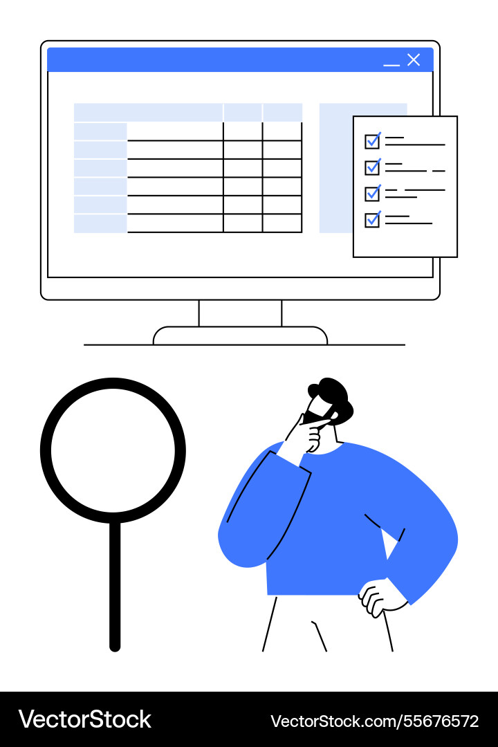 Man analyzing checklist and data on computer while Man analyzing checklist and data on computer while vector image