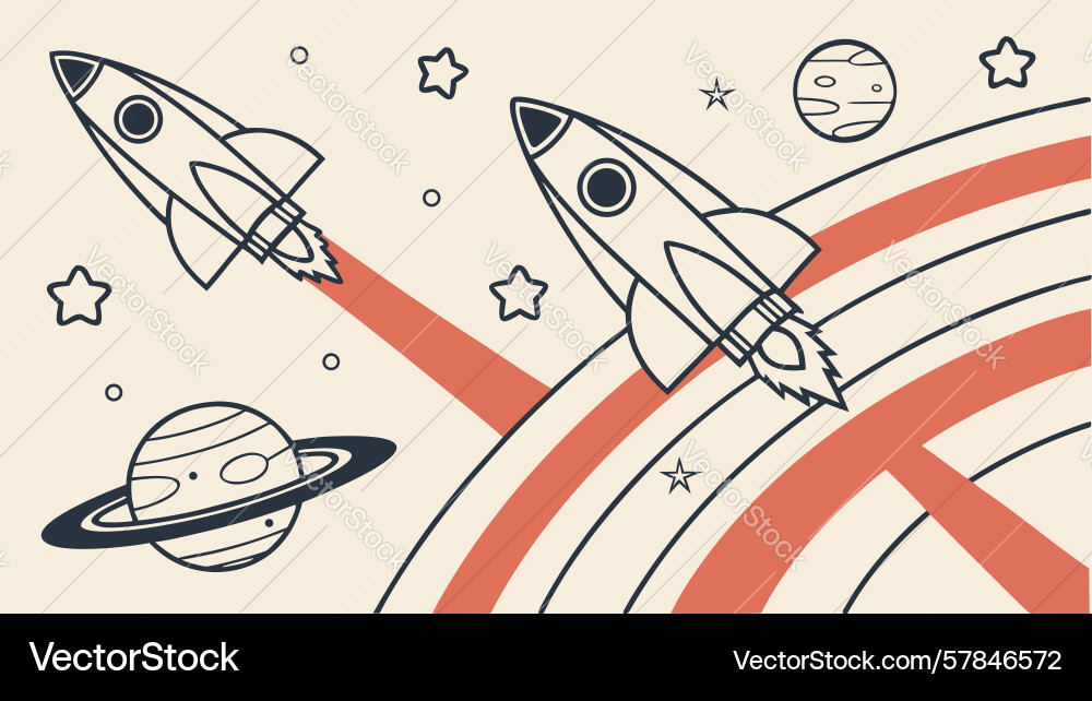 Retro space rockets and planet with starry vector image
