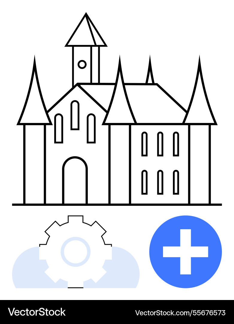 Castle building with gear and add button Castle building with gear and add button Vector Image