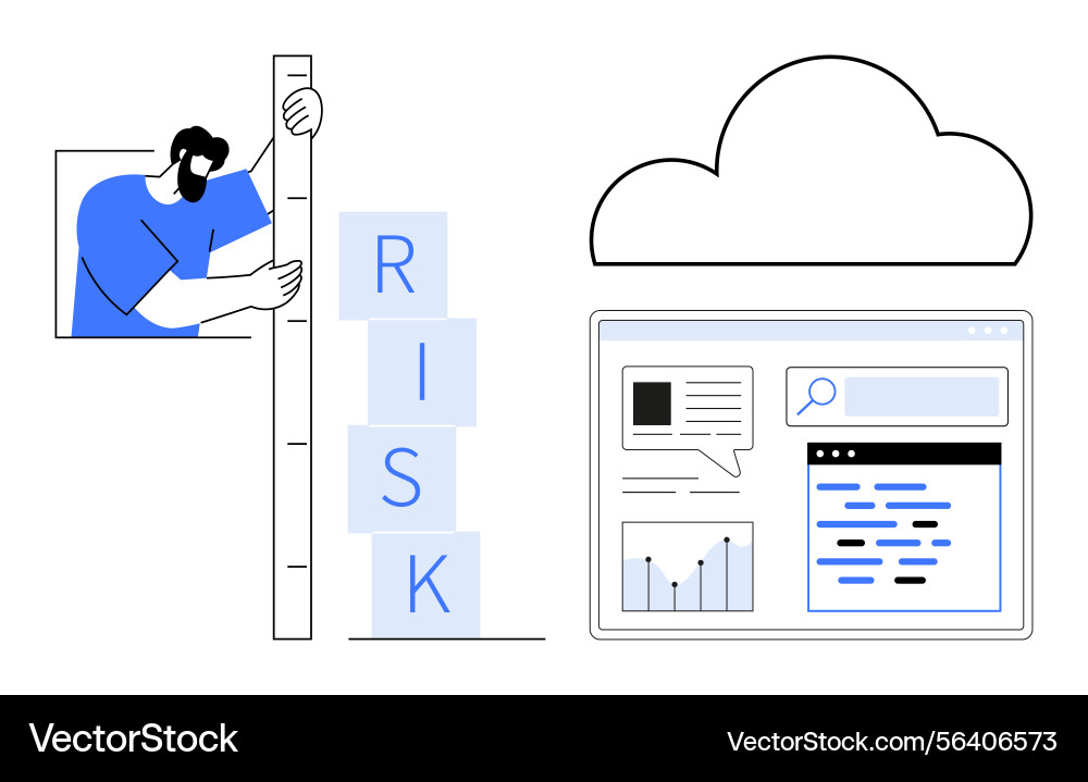 Man measuring risk blocks next to cloud and data vector image