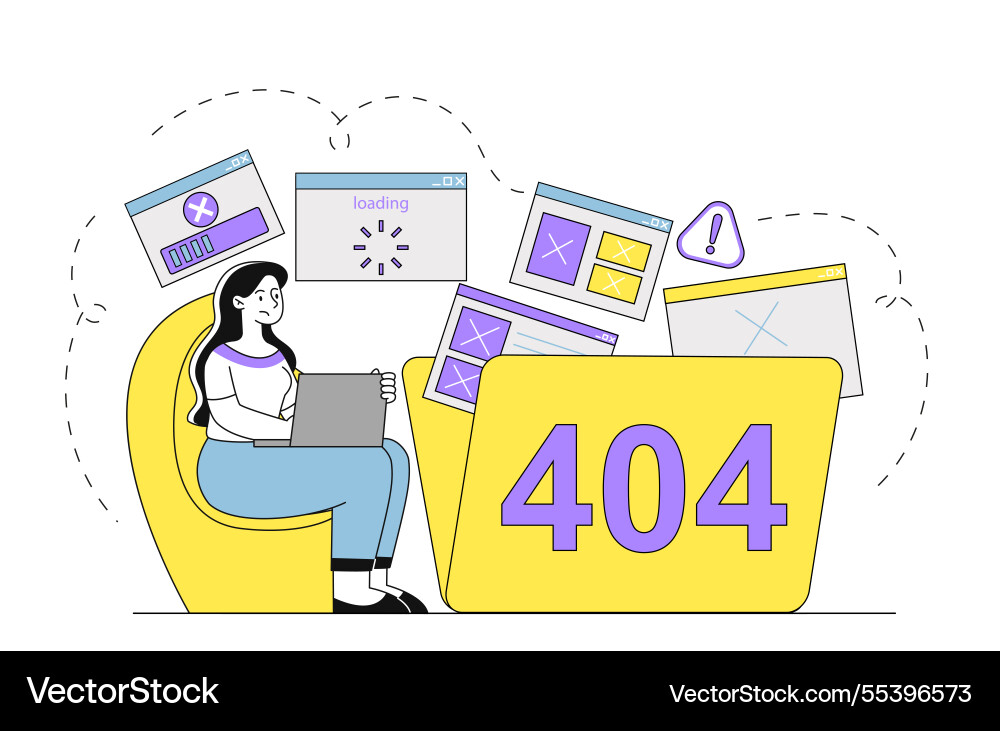 Woman experiencing 404 error with floating broken Woman experiencing 404 error with floating broken vector image