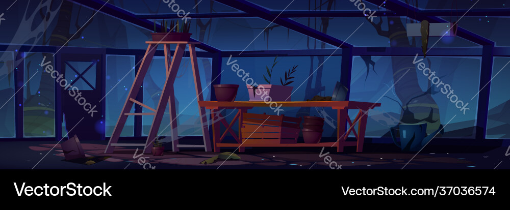 Abandoned greenhouse at night scary interior Abandoned greenhouse at night scary interior vector image