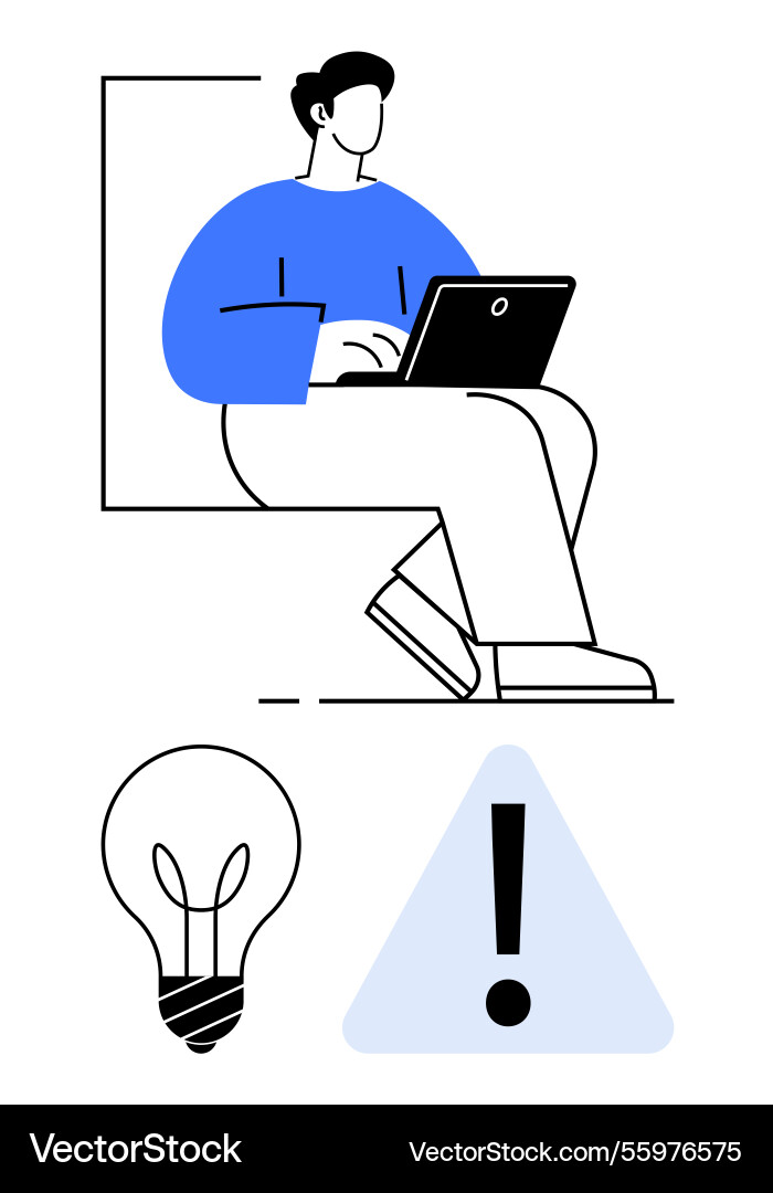 Man using laptop with light bulb and alert Man using laptop with light bulb and alert vector image