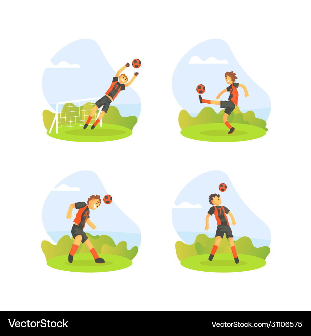 Teenager boys playing football outdoors set Teenager boys playing football outdoors set vector image