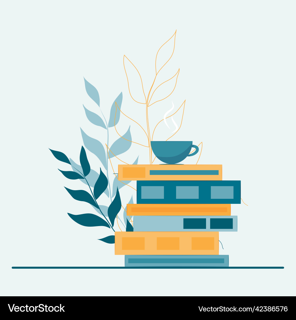 Gestapelte Bücher mit Kaffeebecher in blau und orange Gestapelte Bücher mit Kaffeebecher in blau und orange vektorbild