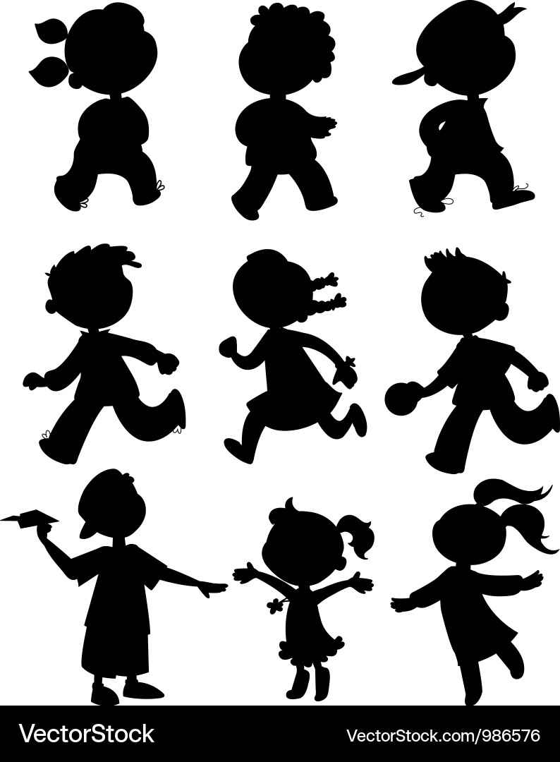 Nine Black Silhouettes of Children Vector Image