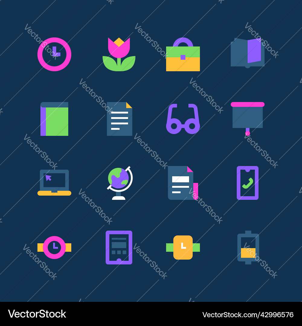 Time and data - set of flat design style neon vector image
