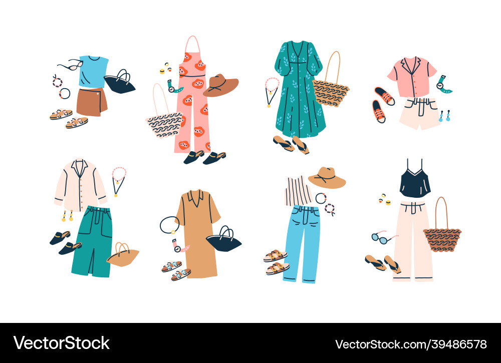 Fashion sets of summer outfits with casual clothes Fashion sets of summer outfits with casual clothes vector image