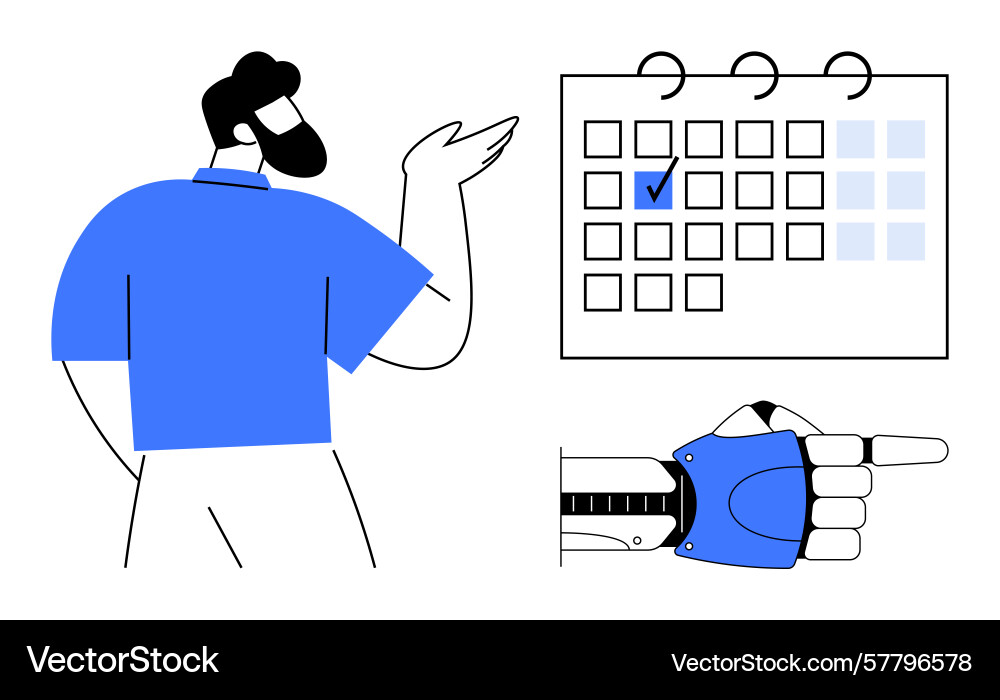 Man gesturing towards calendar with robotic hand vector image
