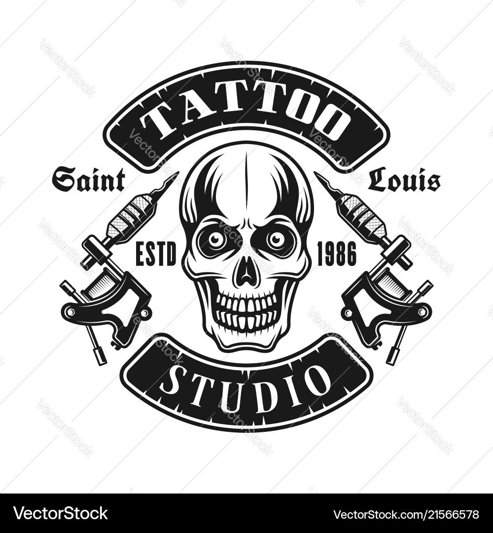 Skull and tattoo electric machines emblem Skull and tattoo electric machines emblem vector image