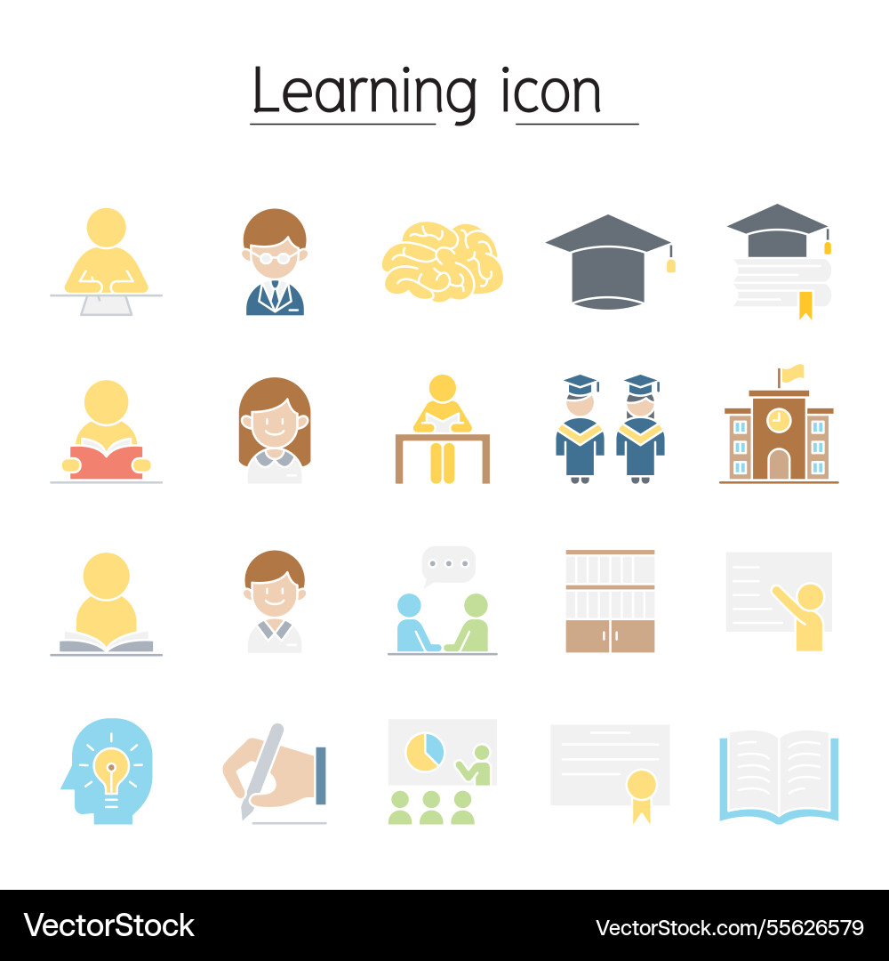 Learning icon set in flat color style Learning icon set in flat color style Vector Image