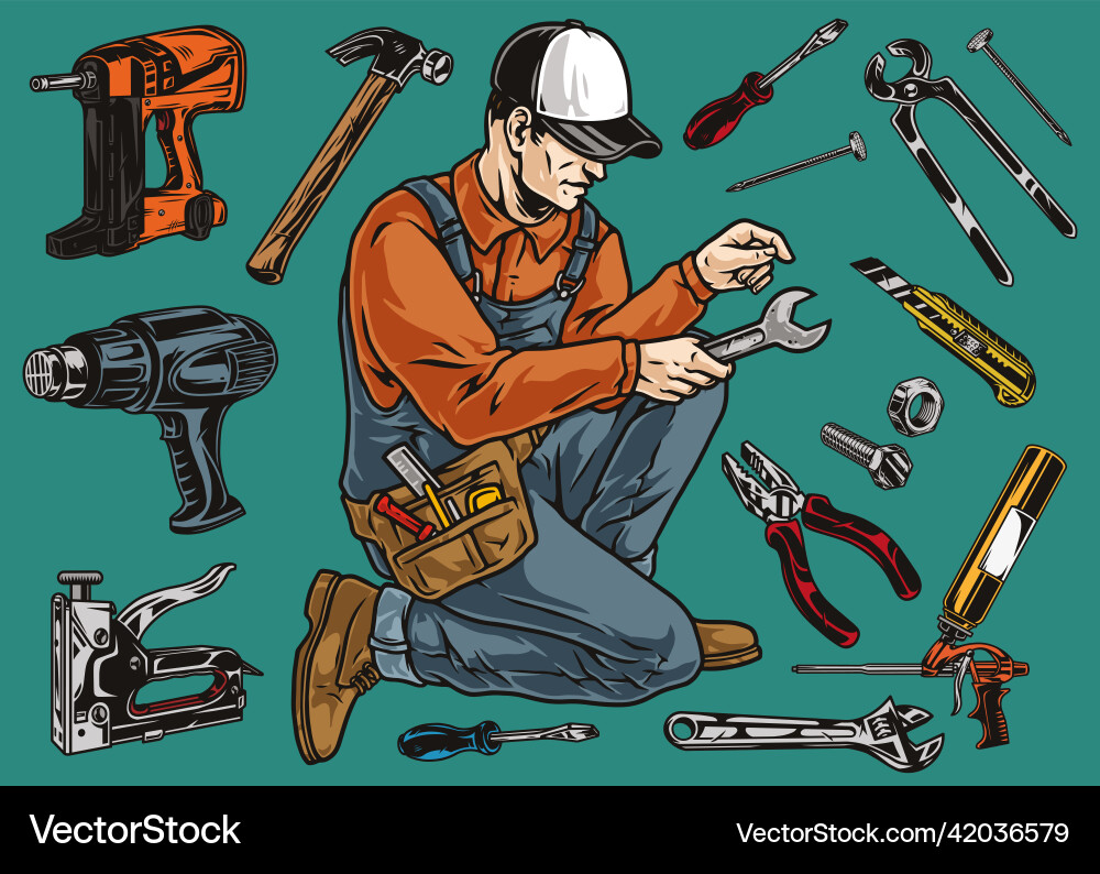 Manual worker and tools colorful details set Vector Image