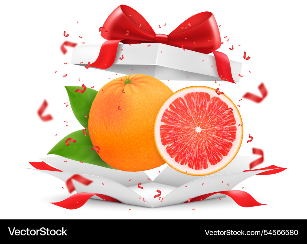 Grapefruit in open gift box with a red bow Grapefruit in open gift box with a red bow Vector Image