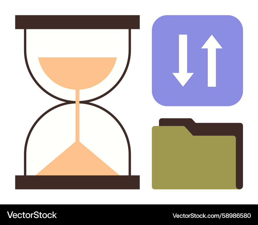 Hourglass with file folder and data arrows Hourglass with file folder and data arrows Vector Image