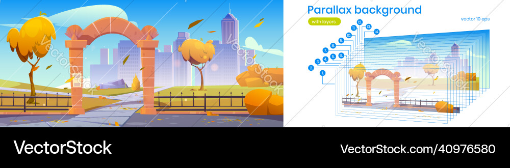 Parallax background autumn landscape with arch Parallax background autumn landscape with arch vector image