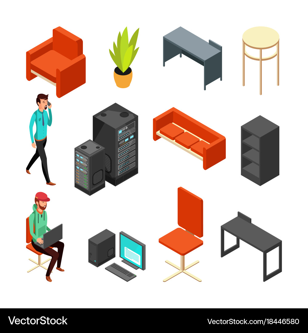 Set of office isometric icons computers server vector image