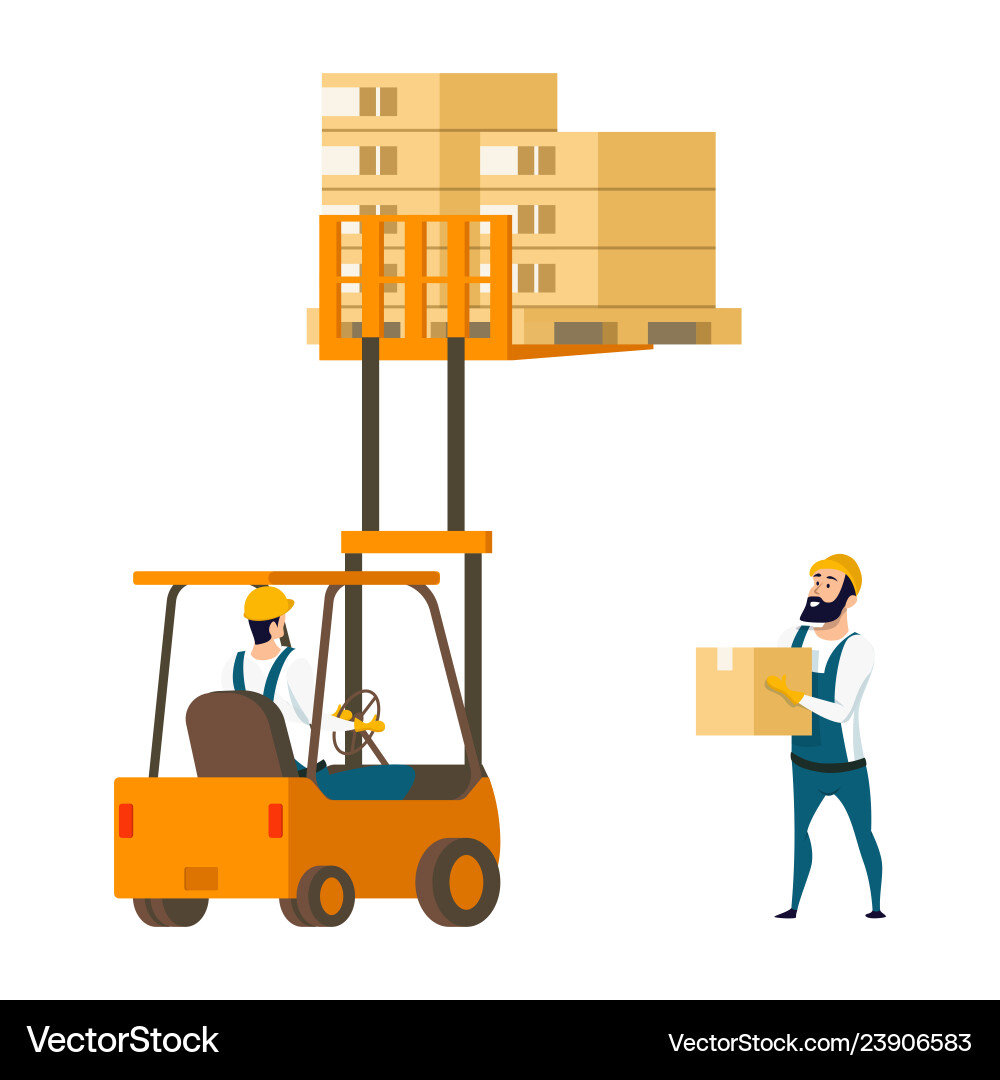 Warehouse Worker Loading Box with Forklift vector image