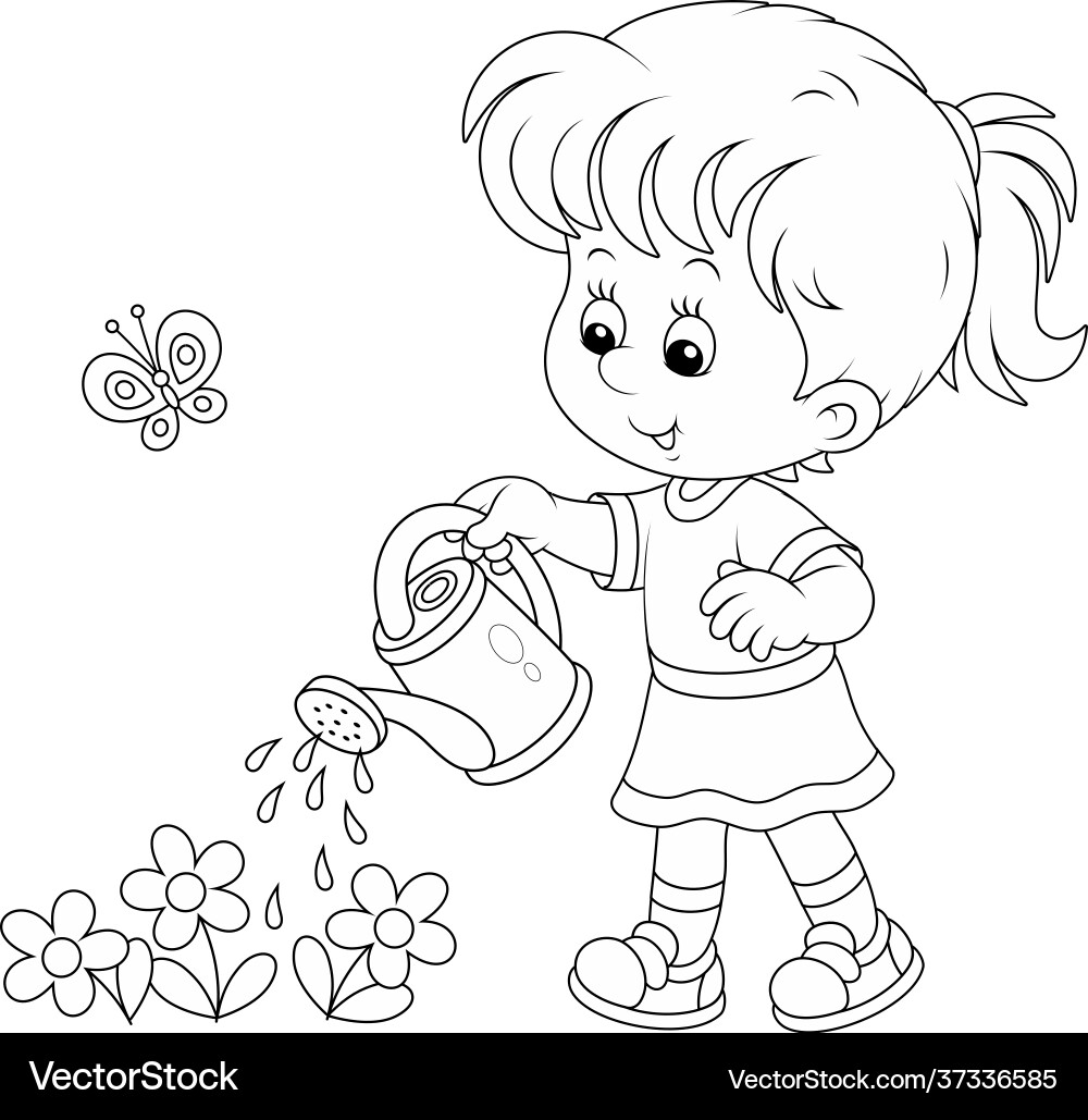 Happy little girl watering flowers Happy little girl watering flowers vector image