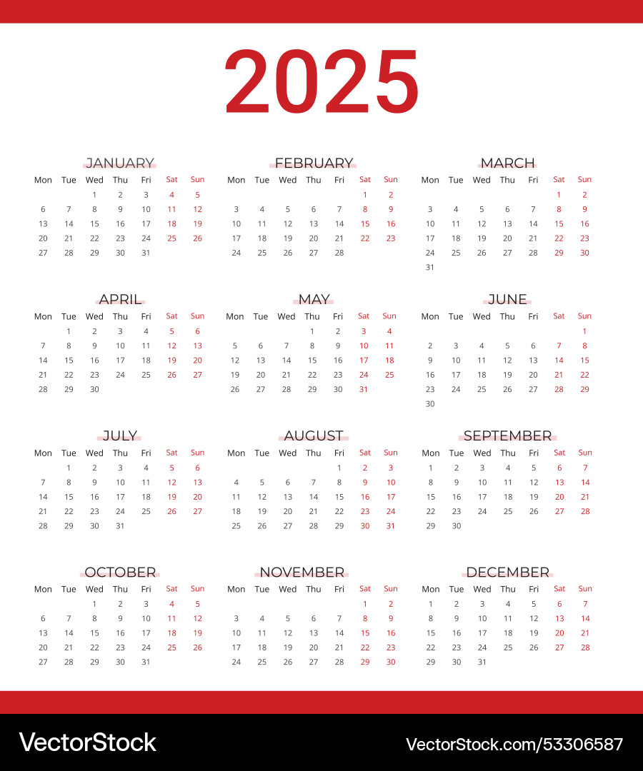 2025 yearly calendar simple clean layout Vector Image