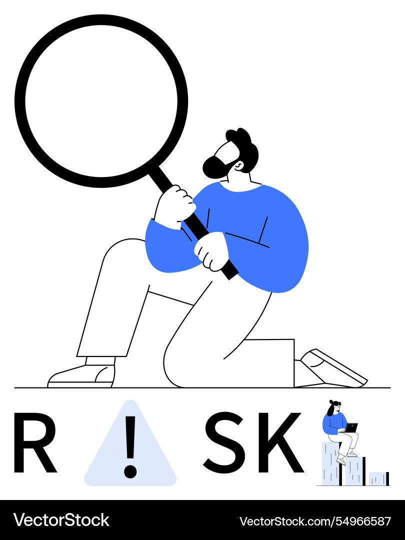 Man analyzing the concept of risk with magnifying Man analyzing the concept of risk with magnifying vector image
