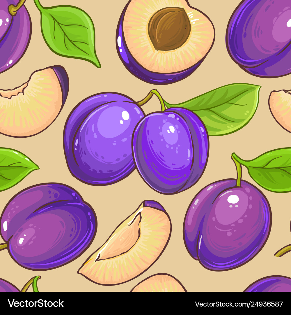 Plum fruits pattern on color background Plum fruits pattern on color background vector image