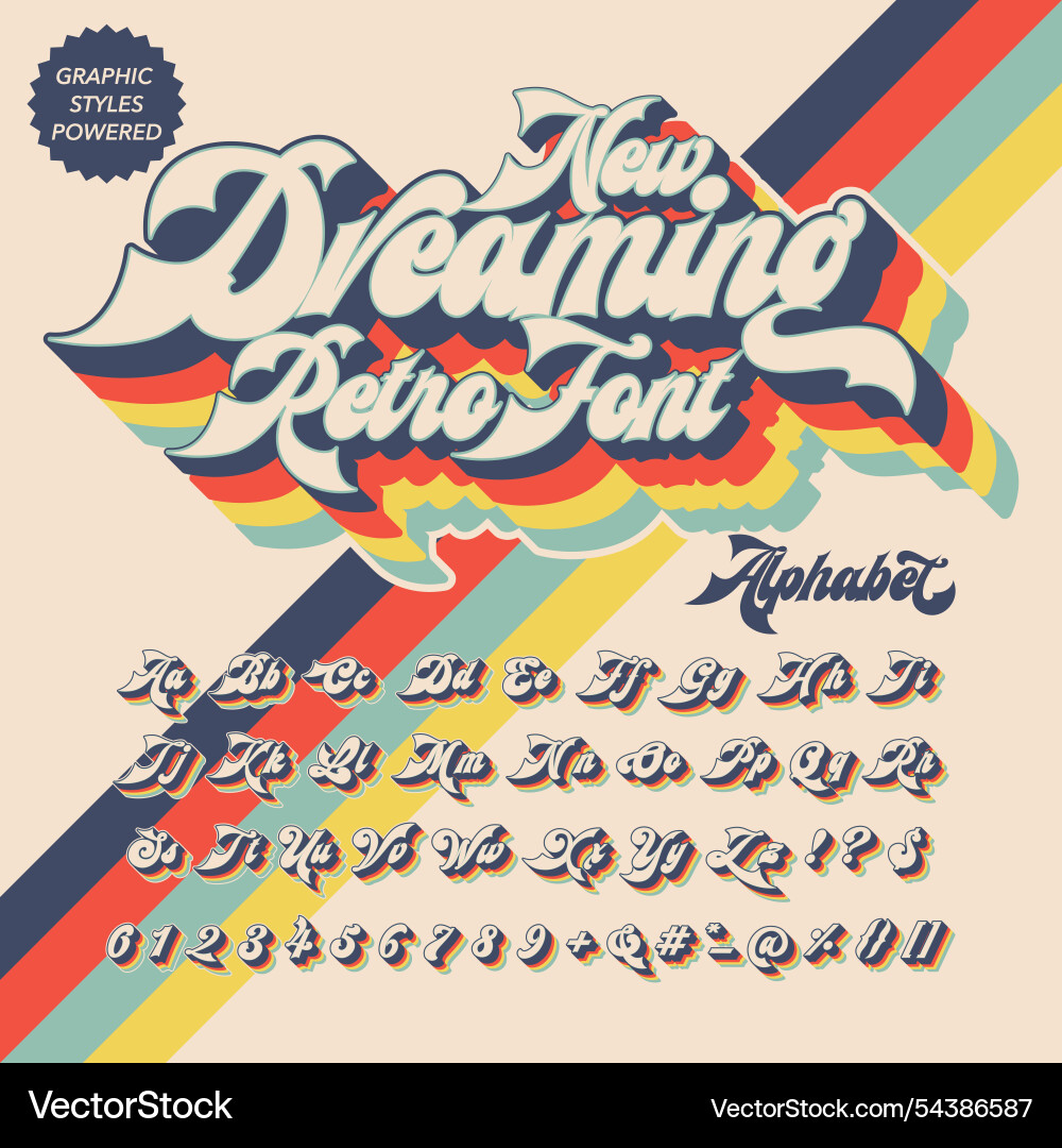 Retro script groovy vintage bold font alphabet Vector Image