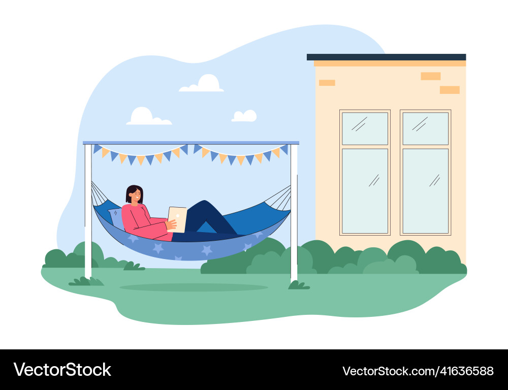 Girl reading paper book in hammock on home Vector Image