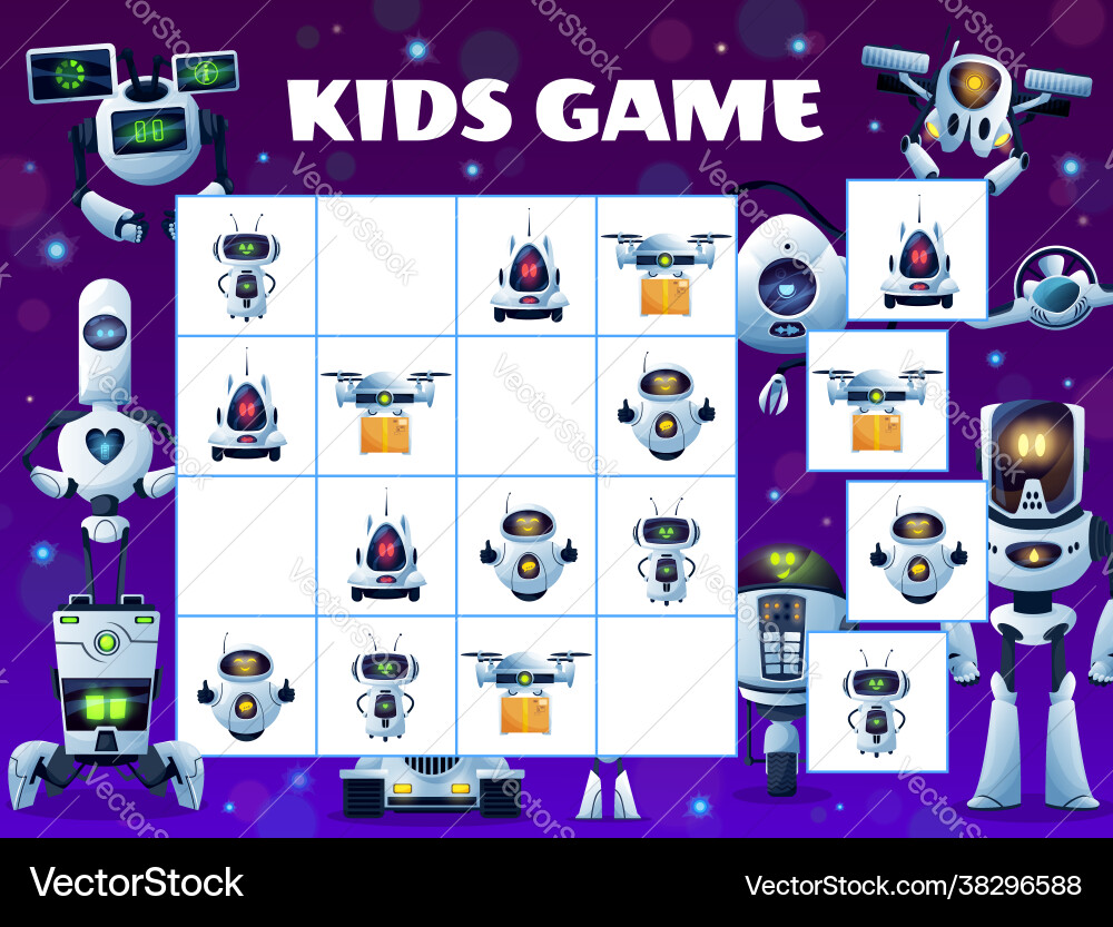 Sudoku kids game block puzzle robots and drones Sudoku kids game block puzzle robots and drones Vector Image