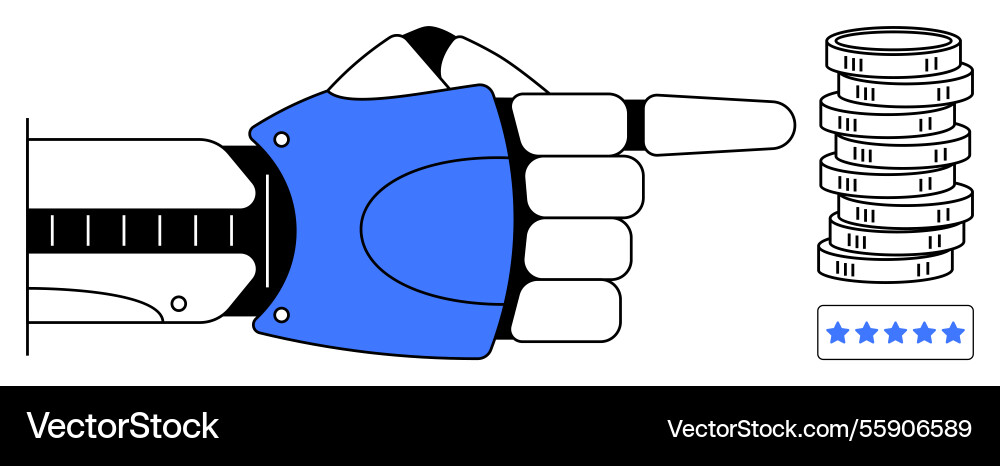 Robotic hand pointing at coin stack and rating Robotic hand pointing at coin stack and rating vector image