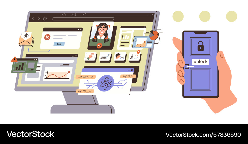 Cybersecurity risks on computer screens and mobile vector image