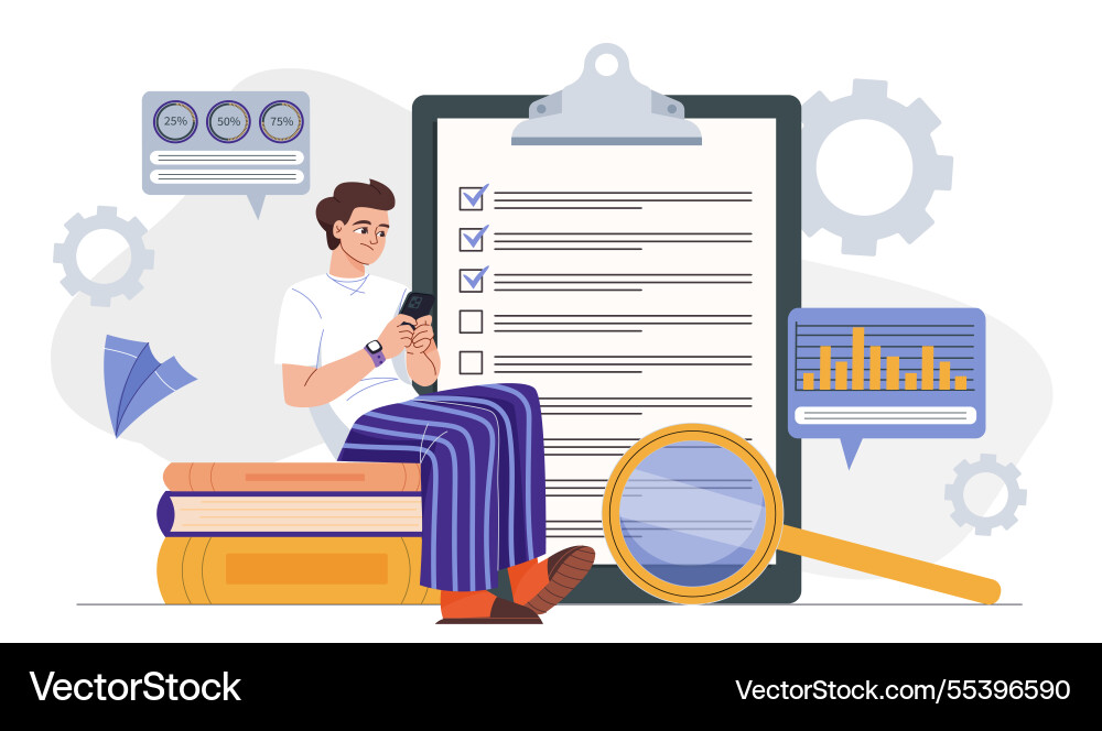 Man sitting on books using phone with checklist Man sitting on books using phone with checklist vector image